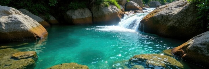Naklejka premium Agua cristalina que cae sobre las rocas de un estanque, rocas, verde