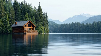 Fototapeta premium A serene wooden cabin by a calm lake, surrounded by lush green trees and distant mountains, creating a peaceful natural retreat.