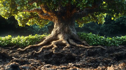 Obraz premium Majestic ancient tree with exposed roots and lush green foliage in soft sunlight.