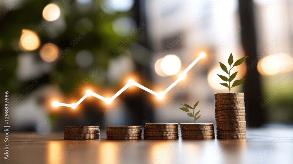 Poster a conceptual image showing stacks of coins increasing in height with small plants growing from them,