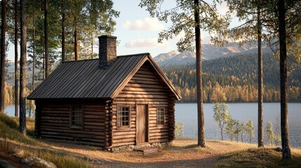 Obraz premium A cozy wooden cabin surrounded by tall trees, situated by a serene lake with mountains in the background under a clear sky.