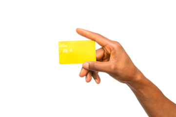 A close-up of a hand holding a yellow debit card against a neutral background. The card features a chip and contactless payment symbol, symbolizing digital transactions, banking, and finance.