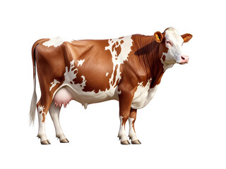 A horned brown and white dairy cow grazes on green pasture, isolated 