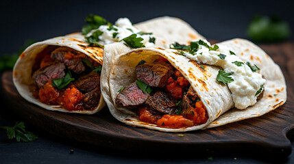 Delicious Beef Tacos Wrapped in Soft Tortilla with Fresh Ingredients and Flavorful Salsa on Dark Background