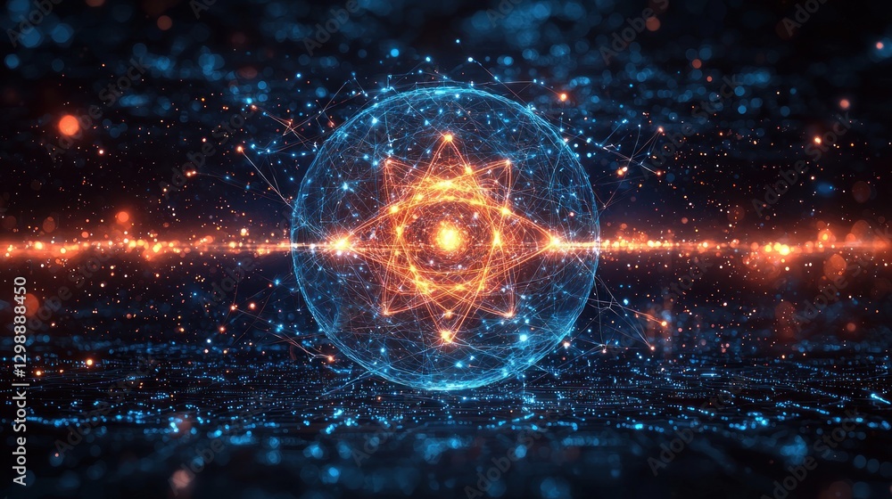 Poster abstract atom structure with glowing energy particles and interconnected network