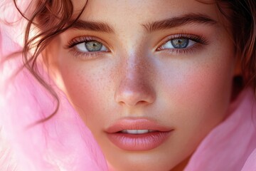 Fototapeta premium Stunning portrait of a model with captivating eyes and natural beauty in soft pink fabric