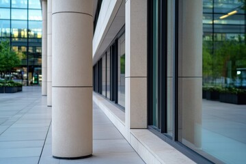 The interplay of polished pillars and glass windows creates a harmonious and inviting urban landscape, epitomizing modern architectural beauty and functionality.