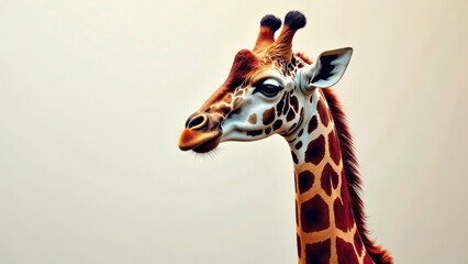A Gentle Giant's Profile  A Close-Up of a Giraffe's Elegant Head and Neck Against a Neutral Background