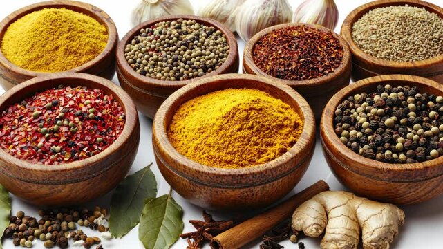 Colorful spices arranged in wooden bowls with fresh garlic and ginger on a white background
