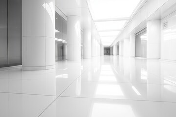 Obraz premium A modern, sleek hallway showcasing bright white lighting and reflective surfaces for a futuristic feel.