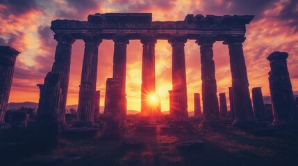 Fototapeta premium A stunning view of ancient columns silhouetted against a vibrant sunset sky.