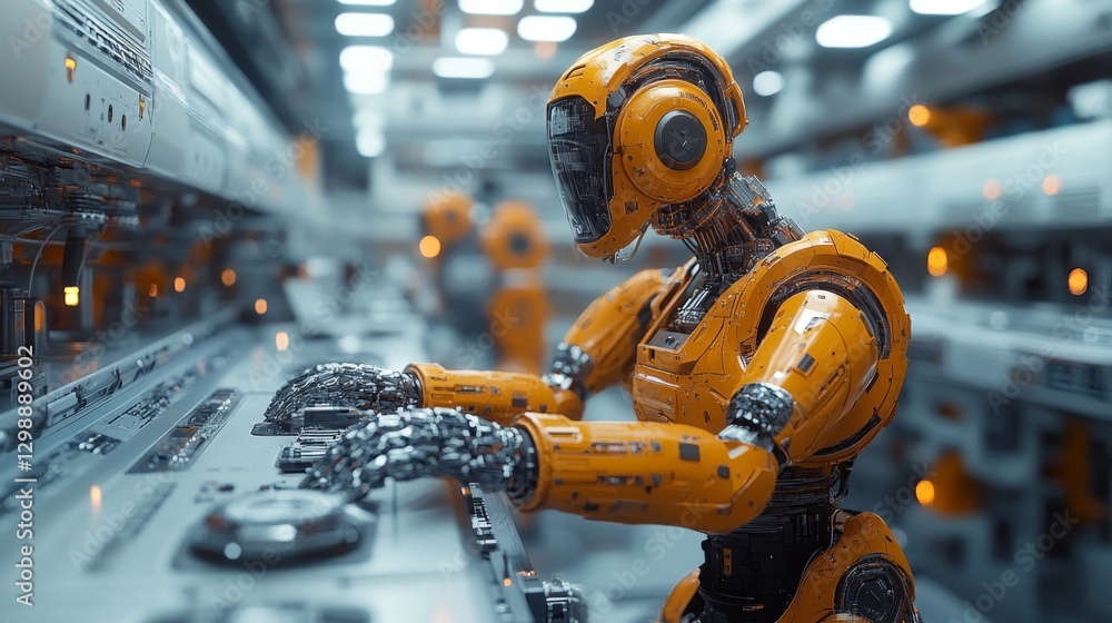 Poster in a high-tech manufacturing facility, robotic arms efficiently assemble products on a conveyor line