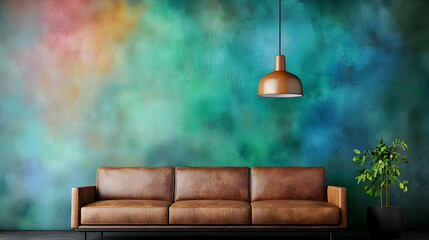 Teal & brown leather sofa in modern living room