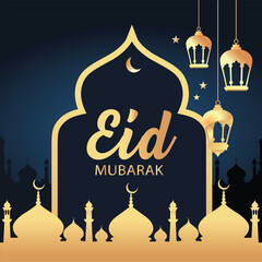 Greeting Card with Golden Lanterns and Mosque Silhouettes