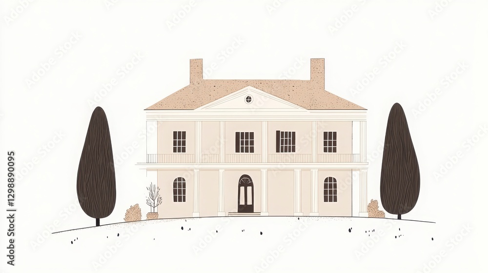 Poster beige colonial house illustration with cypress trees and landscape design drawing exterior view of a