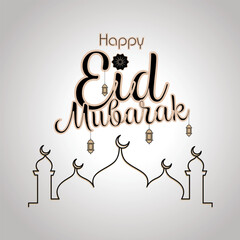 Happy Eid Mubarak Greeting with Mosque Silhouette and Lanterns