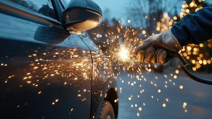 Sparks and blue light erupt from the machine as smoke billows from continuous metal welding, showcasing a dynamic work process