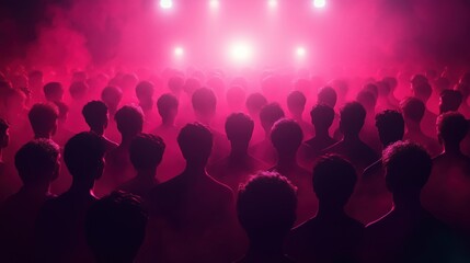 A crowd of people silhouetted against vibrant pink lights at a live music event.