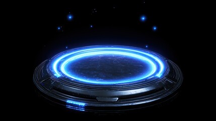 Round platforms, neon blue light circles, realistic hologram portal, energy sparkles, black background teleport