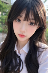 Fototapeta premium Young Asian Female Student in School Uniform - Selfie Photo of Young Woman outside on Sunny Day in City - Eastern Teenager in College Attire Suit or Sailor Formal Wear in Eastern Countries