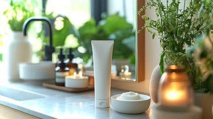 Fototapeta premium Self-care smart mirror setup featuring skincare products and a serene plant-filled environment