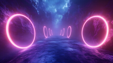 Abstract neon background with glowing rings on a dark blue and purple gradient
