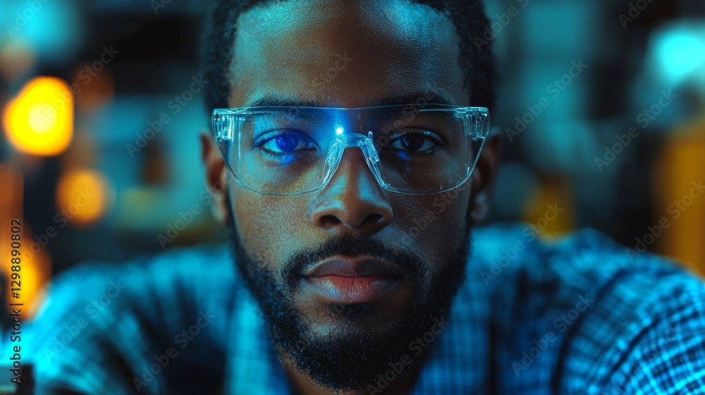 Poster a dedicated engineer wearing safety glasses intensely focuses on machinery within a bustling manufac