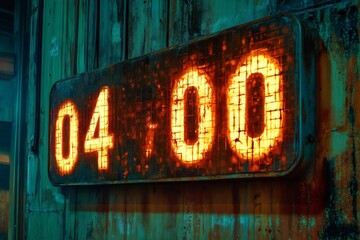 Grungy, rusty digital countdown clock displaying 04,00, evoking a suspenseful atmosphere perfect for thrilling, mysterious settings