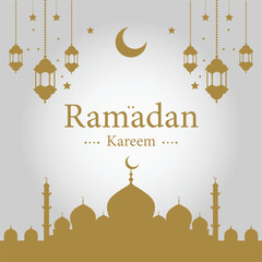 Ramadan Kareem Greeting Card with Lanterns and Mosque Silhouette