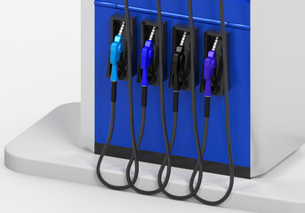 A closeup of multicolored gas pumps at the gas station