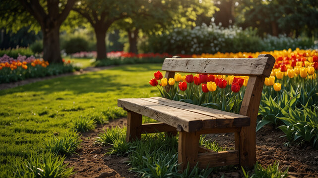 Beautiful Garden with Wooden Bench and Colorful Tulips &ndash; Spring Bloom, Tranquil Park, Scenic Nature, Relaxing Outdoor Scene, Sunlit Flowers, Greenery, Peaceful Atmosphere, Romantic Setting, Floral Bea