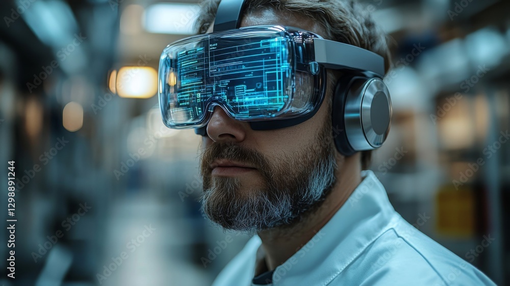 Poster worker in a manufacturing workshop engages with an augmented reality headset, enhancing productivity