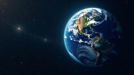 Obraz premium A Stunning View of Planet Earth from Space Showing the Americas and Surrounding Oceans with Visible Weather Patterns and Distant Stars