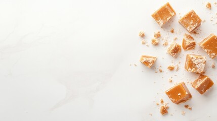 minimalistic and modern food photography featuring broken caramel on pristine white backdrop