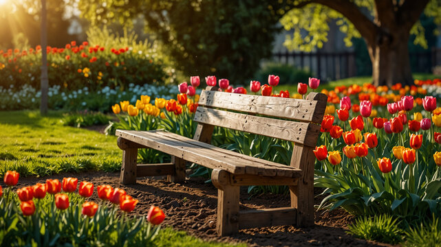 Beautiful Garden with Wooden Bench and Colorful Tulips &ndash; Spring Bloom, Tranquil Park, Scenic Nature, Relaxing Outdoor Scene, Sunlit Flowers, Greenery, Peaceful Atmosphere, Romantic Setting, Floral Bea