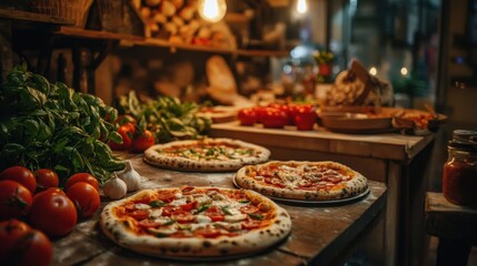 Obraz premium Authentic Italian-style pizzeria with rustic wooden shelves filled with ingredients, golden pizzas baking, and soft evening light.
