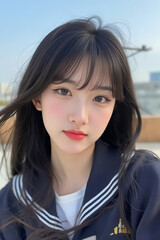 Young Asian Female Student in School Uniform - Selfie Photo of Young Woman outside on Sunny Day in City - Eastern Teenager in College Attire Suit or Sailor Formal Wear in Eastern Countries