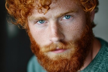 Close up portrait highlighting the features of a man with striking blue eyes, a full, curly red beard, and a face covered in freckles