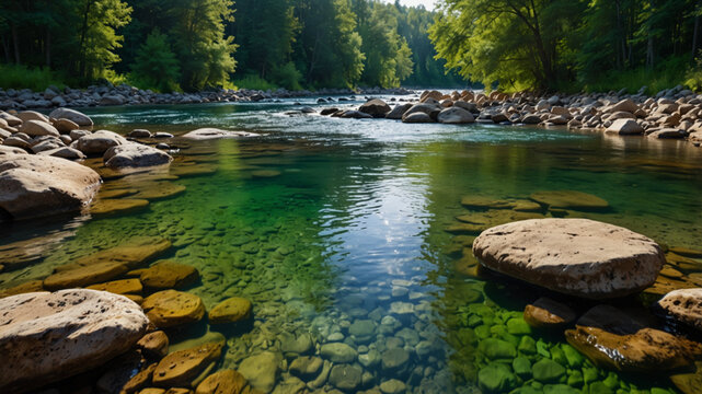 Crystal Clear River Flowing Through Lush Green Forest &ndash; Serene Nature Landscape, Tranquil Water Stream, Refreshing Mountain Creek, Rocky Riverbank, Summer Scenery, Peaceful Wilderness, Eco Tourism Bea