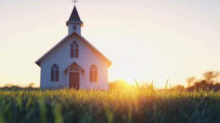 Fototapeta premium A serene church silhouette against a vibrant sunset, surrounded by lush green grass.