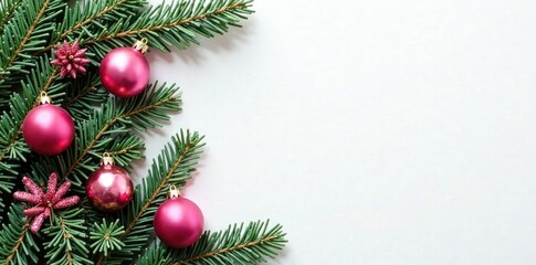 evergreen branches adorned with pink ornaments against a white background, pink, decoration, background