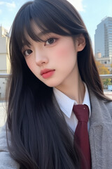 Young Asian Female Student in School Uniform - Selfie Photo of Young Woman outside on Sunny Day in City - Eastern Teenager in College Attire Suit or Sailor Formal Wear in Eastern Countries