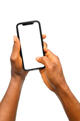 A pair of hands holding a smartphone with a blank screen. One hand supports the phone while the...