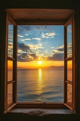 Fototapeta premium Golden Hour Seascape Viewed Through an Antique Window