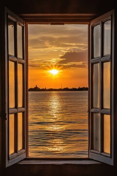 Fototapeta Golden Hour Seascape Seen Through Rustic Window