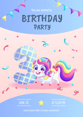 Invitations to a children's birthday party with a cute unicorn. 3th anniversary party, birthday, celebration, congratulations, invitation concept. Vector illustration.