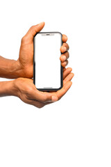 A pair of hands holding a smartphone with a blank screen, positioned against a neutral background. The composition highlights the device, making it ideal for mockups, advertisements, or digital conten