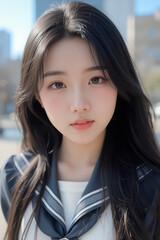 Obraz premium Young Asian Female Student in School Uniform - Selfie Photo of Young Woman outside on Sunny Day in City - Eastern Teenager in College Attire Suit or Sailor Formal Wear in Eastern Countries