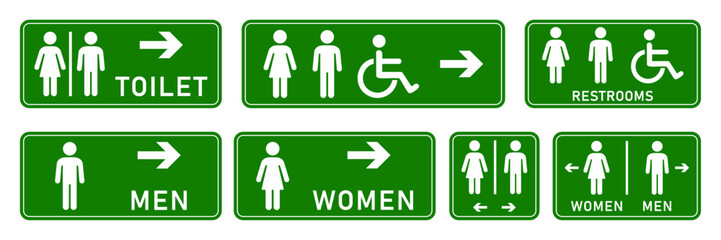Toilet vector icons set in green and white color. Wc toilet sign. Male and female restroom icon sign with left and right arrow. Disabled wheelchair sign symbol. Isolated vector Illustration.
