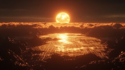 Golden Sunset Over Digital Grid Landscape with Glowing Sun and Clouds